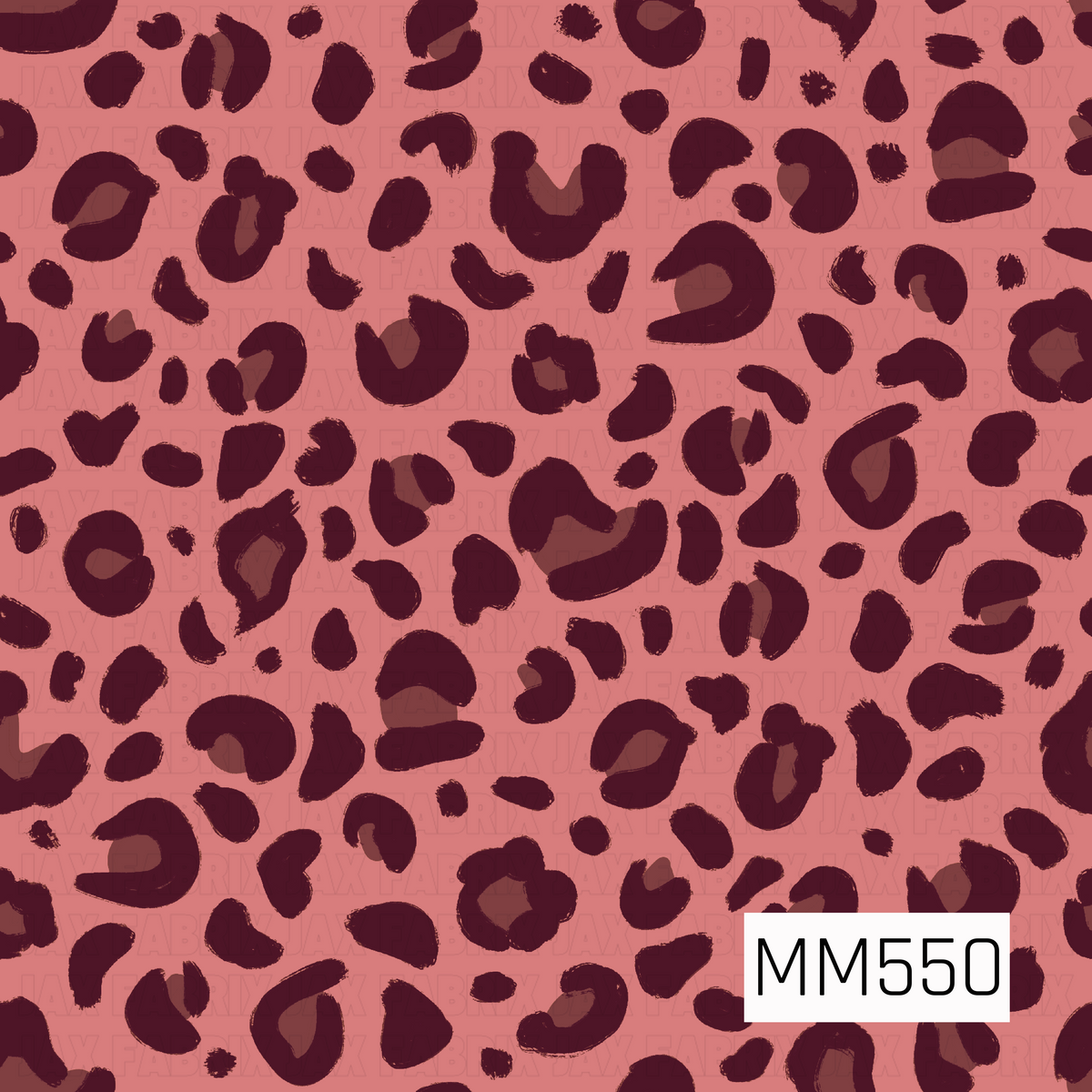 A bold leopard print pattern featuring irregular, brushstroke-style spots in deep burgundy and wine tones, with muted mauve-brown accents. Set against a warm dusty rose pink background, the scattered spots vary in size and shape, creating a playful, modern animal print with a slightly textured, hand-painted appearance.