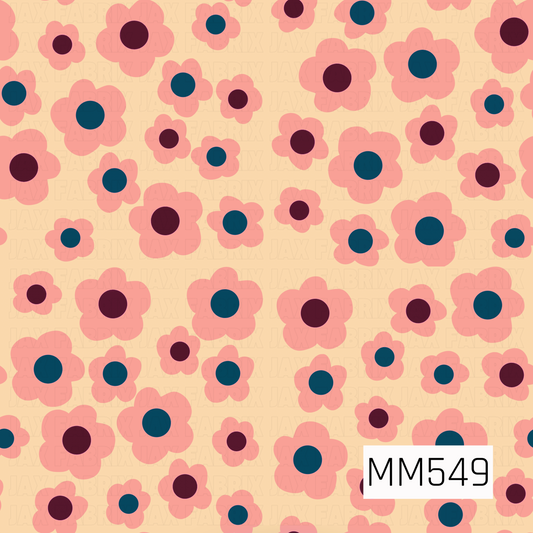 A playful retro floral pattern featuring scattered five-petal flowers in varying sizes, with soft coral pink petals and bold circular centers in deep teal blue and rich burgundy. Set against a warm buttery cream background, the oversized, rounded blooms create a cheerful, vintage-inspired design with a fun 70s feel.