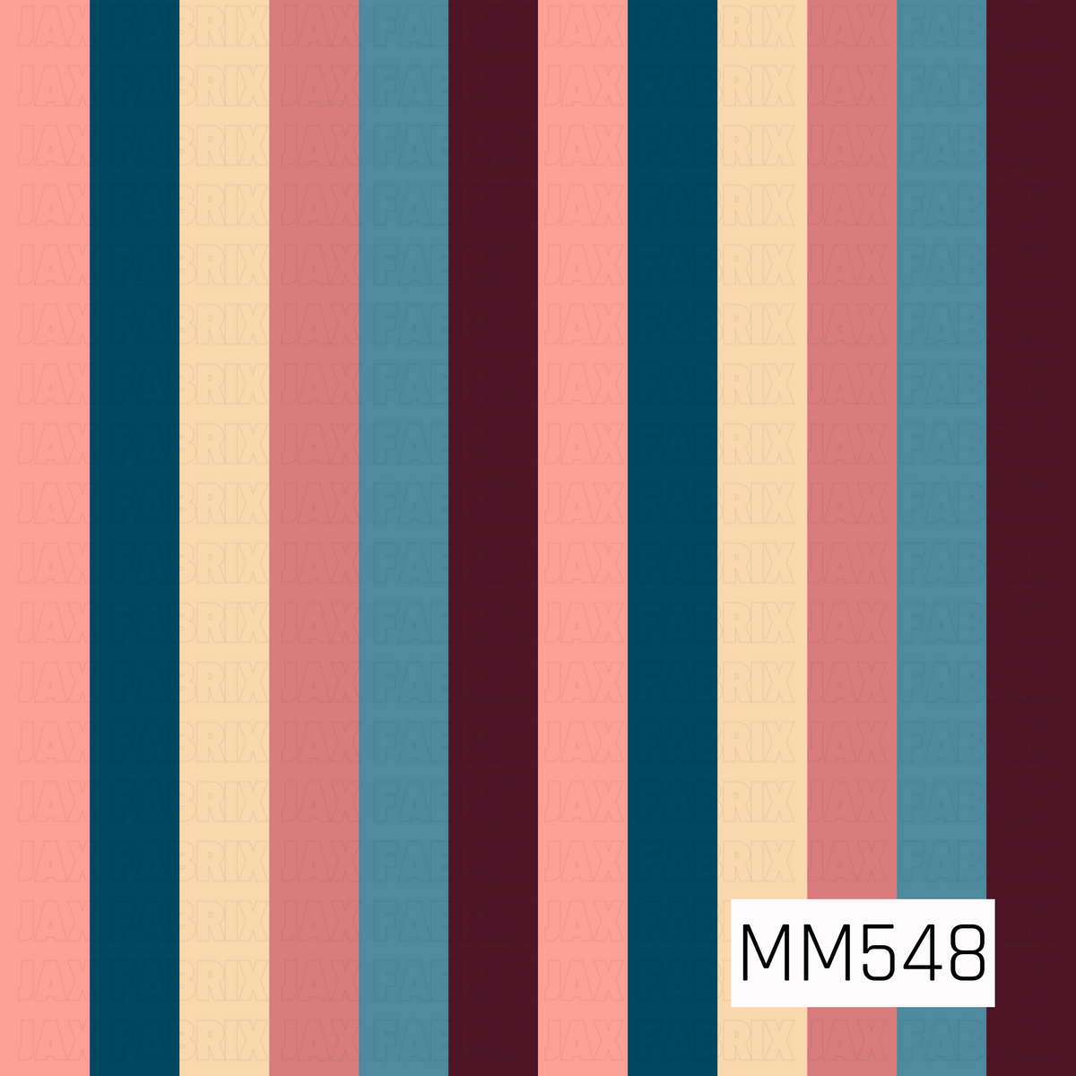 A bold, retro-inspired vertical stripe pattern featuring wide, evenly spaced stripes in coral pink, deep teal blue, buttery cream, dusty rose, muted denim blue, and rich burgundy. The repeating color combination creates a playful, colorful design with a vintage feel.
