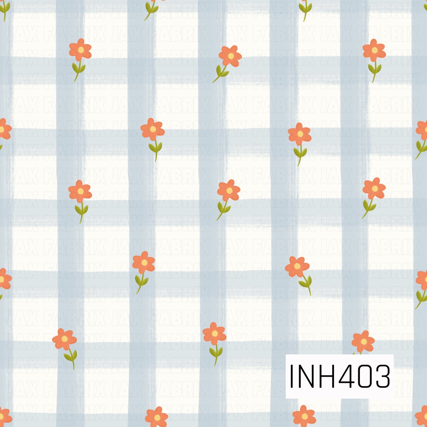 A playful hand-painted pattern featuring coral-orange flowers with yellow centers and green leaves scattered across an oversized powder-blue and white checkered background.
