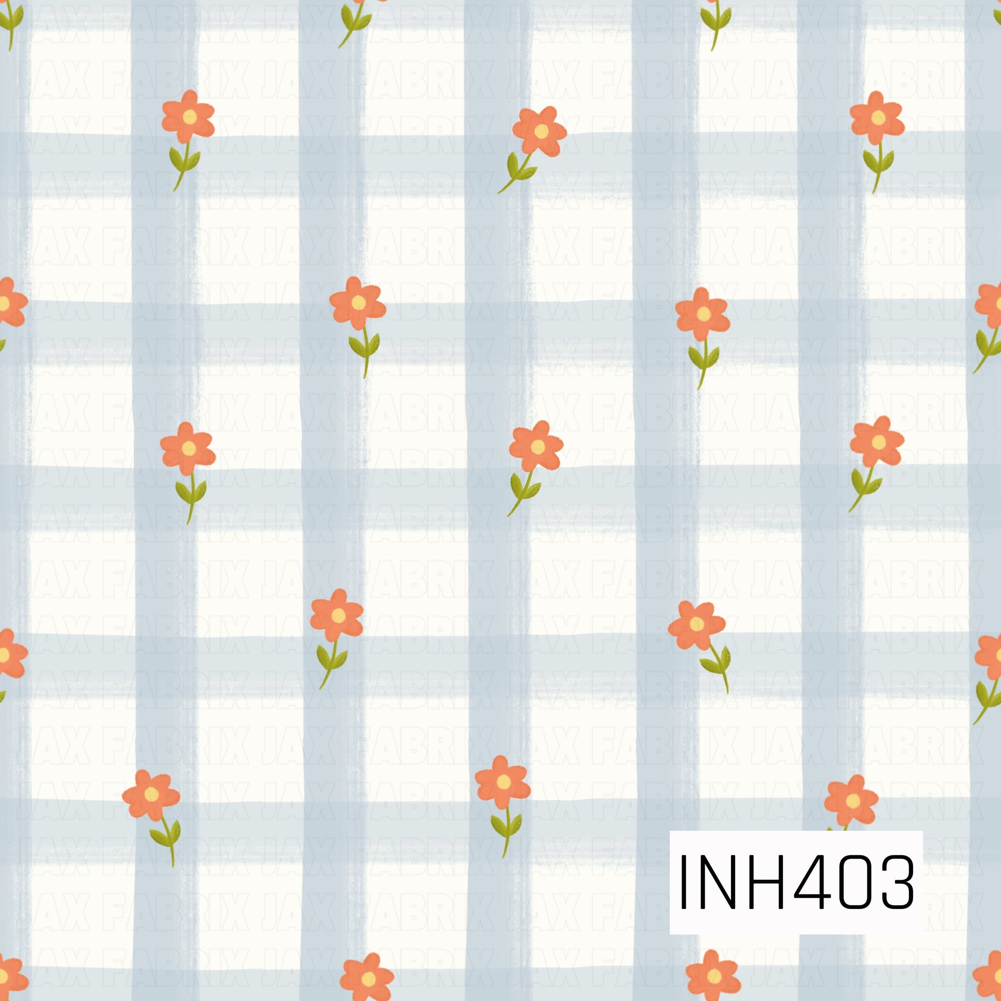 A playful hand-painted pattern featuring coral-orange flowers with yellow centers and green leaves scattered across an oversized powder-blue and white checkered background.

