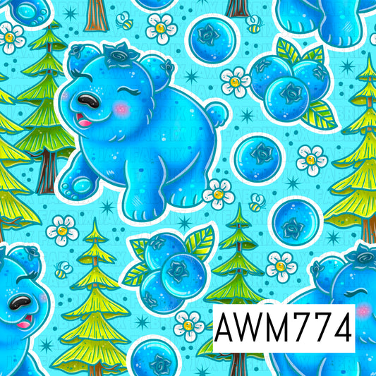 A charming seamless pattern featuring adorable blue bears, plump blueberries, evergreen trees, tiny bees, and delicate white flowers scattered across a bright aqua background. Rich shades of blue and vibrant greens create a fresh woodland-inspired design with a playful, whimsical feel.
