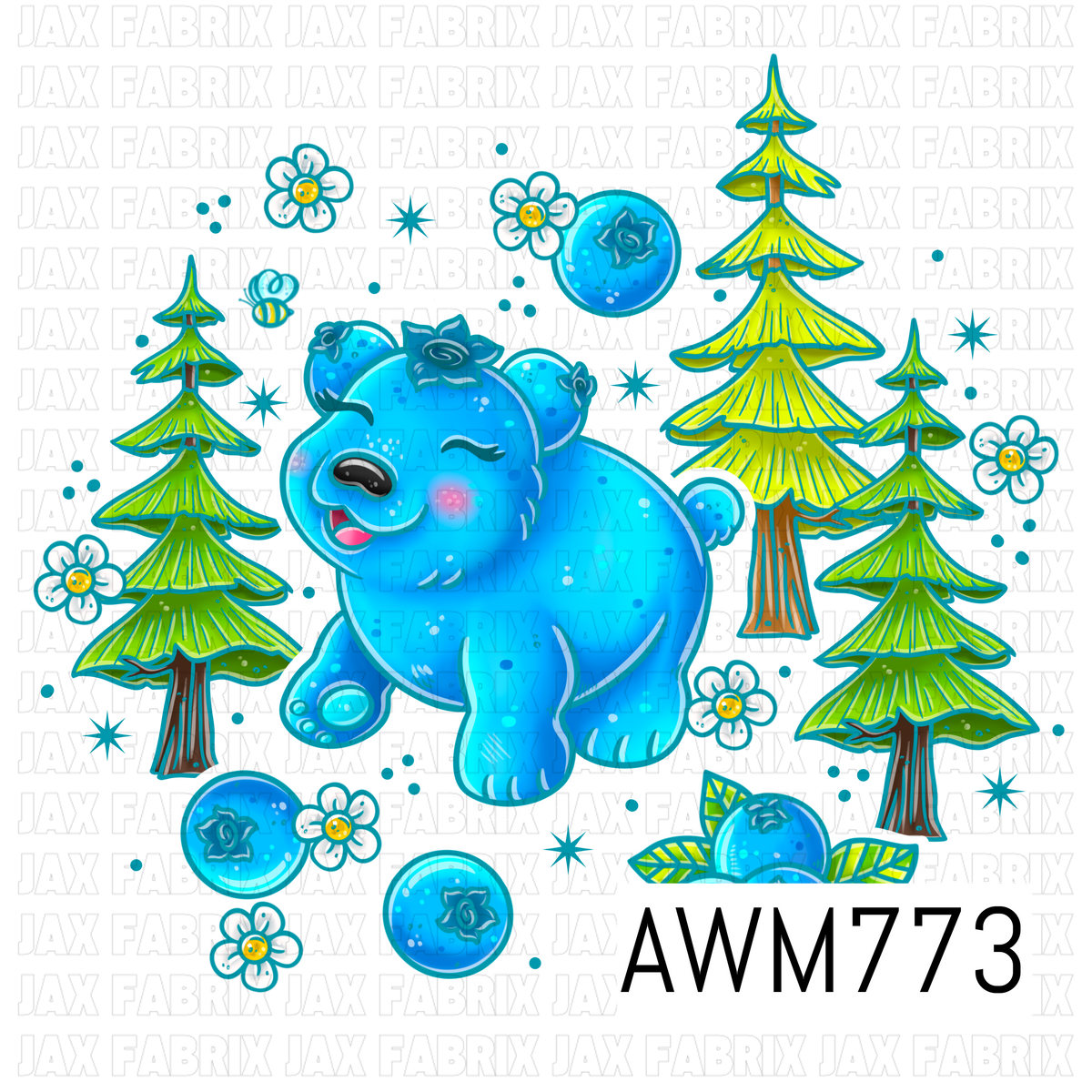 A playful PNG featuring an adorable blue bear surrounded by juicy blueberries, evergreen trees, tiny bees, and delicate white flowers in bright blue and green tones. Perfect for custom apparel, bags, stickers, tumblers, invitations, nursery décor, and other woodland-inspired handmade creations.