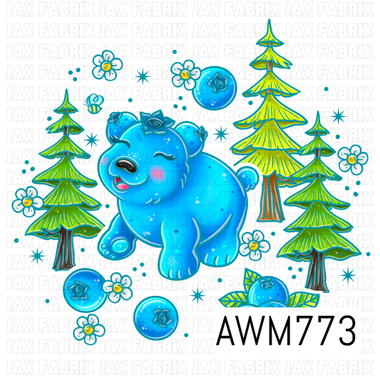 A playful PNG featuring an adorable blue bear surrounded by juicy blueberries, evergreen trees, tiny bees, and delicate white flowers in bright blue and green tones. Perfect for custom apparel, bags, stickers, tumblers, invitations, nursery décor, and other woodland-inspired handmade creations.