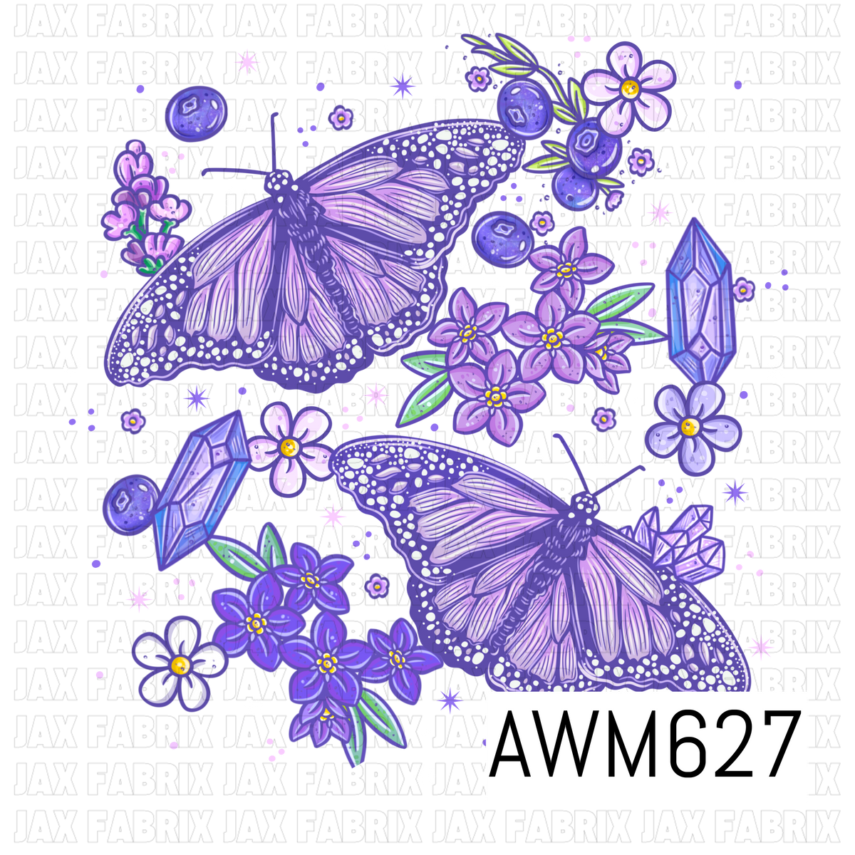 A coordinating purple design featuring detailed butterflies surrounded by violet florals, blueberries, lavender sprigs and sparkling crystals. Soft lilac, deep purple and touches of green create a dreamy enchanted garden feel.