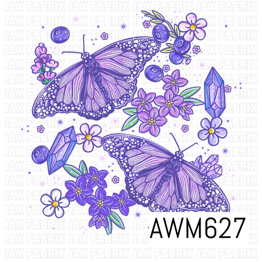 A coordinating purple design featuring detailed butterflies surrounded by violet florals, blueberries, lavender sprigs and sparkling crystals. Soft lilac, deep purple and touches of green create a dreamy enchanted garden feel.