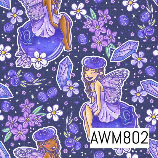 A whimsical seamless pattern featuring purple fairies perched on glowing mushrooms, surrounded by sparkling crystals, blueberries, delicate wildflowers, leafy sprigs, and scattered stars. The enchanting design is arranged on a deep indigo background with soft lavender, violet, and blue tones for a magical woodland aesthetic.