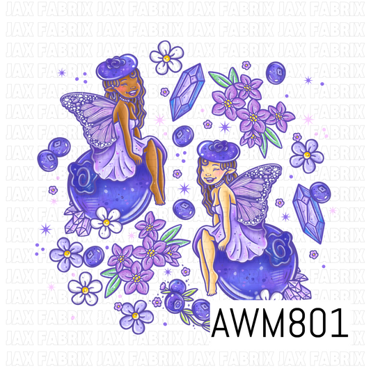 A whimsical PNG featuring two purple fairy characters perched on glowing mushrooms, surrounded by sparkling crystals, blueberries, delicate purple wildflowers, tiny blossoms, and scattered stars. The enchanting artwork uses soft lavender, violet, and indigo tones to create a magical woodland fantasy aesthetic.