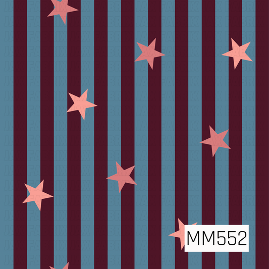 A bold retro-inspired pattern featuring alternating vertical stripes in deep burgundy and dusty teal blue, accented with scattered five-point stars in soft coral pink. The stars vary slightly in shade and are spaced throughout the design, creating a playful, eye-catching look with a vintage feel.