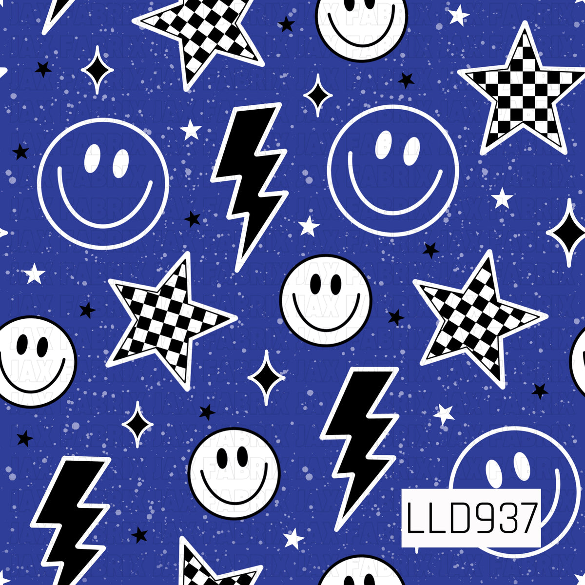 A bold retro-inspired print featuring oversized smiley faces, striking lightning bolts, checkerboard stars, and scattered star and sparkle accents. The vibrant royal blue background has a distressed speckled texture for a slightly vintage, worn-in look, while the crisp black and white graphics create a fun, high-contrast finish.