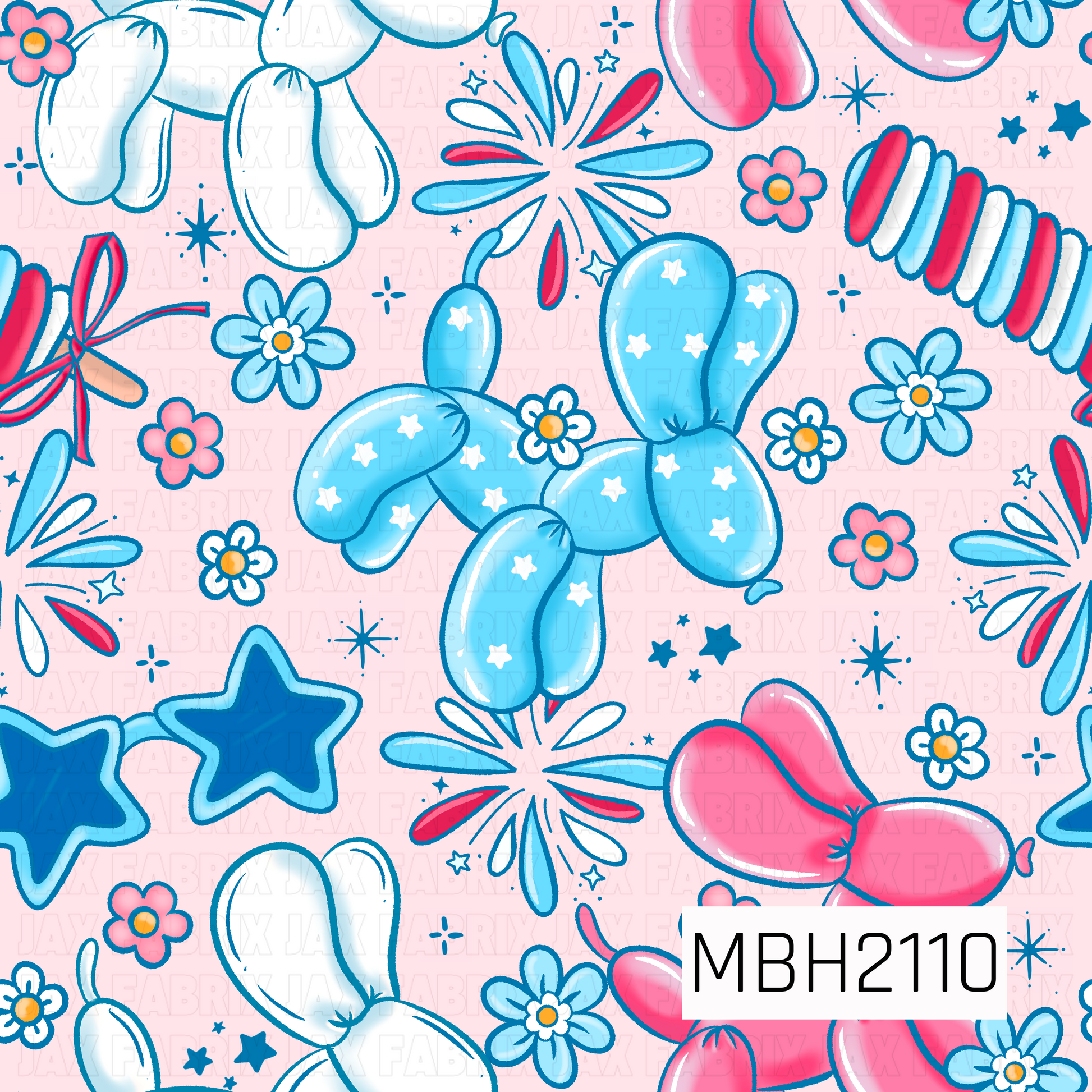 Colorful red white and blue  pattern of balloon dogs, fireworks, red white and blue candy pops ,flowers, and fireworks on a pink background. 4th of July pattern 