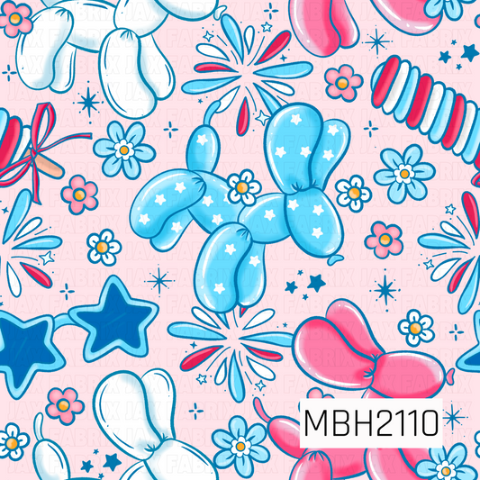 Colorful red white and blue  pattern of balloon dogs, fireworks, red white and blue candy pops ,flowers, and fireworks on a pink background. 4th of July pattern 