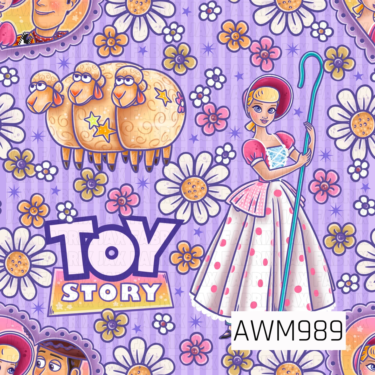 A charming toy-inspired pattern featuring a shepherdess character, fluffy sheep, daisies, colorful flowers, and toy-themed logos scattered across a soft lavender striped background. Delicate shades of purple, pink, white, and yellow create a sweet, vintage-inspired look, while floral accents and whimsical details add a cheerful countryside feel. The design blends classic toy-story nostalgia with playful garden elements for a bright and feminine aesthetic.
