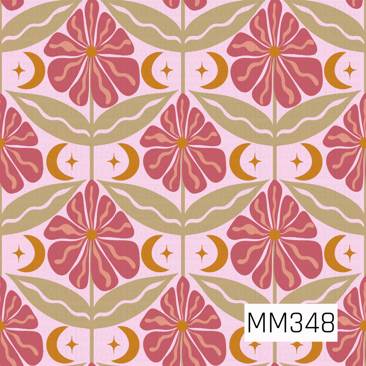 A repeating retro-style floral pattern with pink flowers, olive green leaves, and mustard yellow crescent moons and stars on a light pink background. 