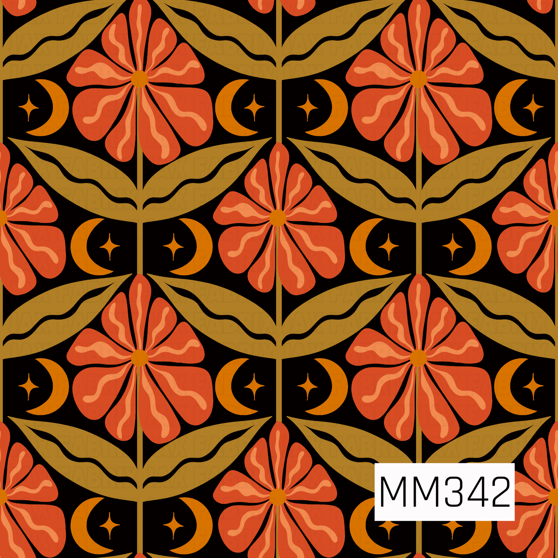 A repeating mid-century modern floral pattern featuring orange flowers, olive green leaves, and orange crescent moons on a black background