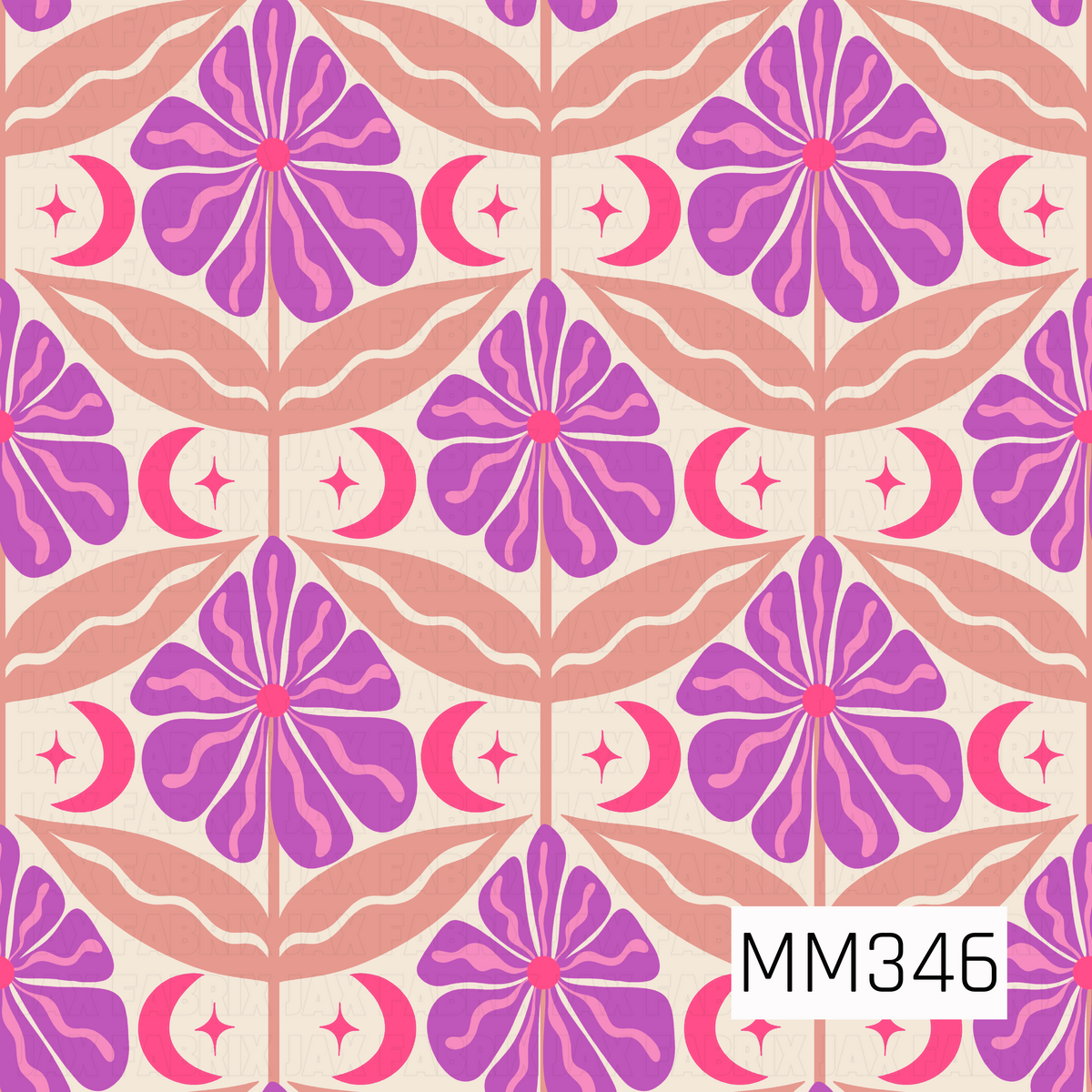 A repeating retro-style floral pattern with large purple flowers, pink crescent moons and stars, and peach leaf shapes on a warm cream background. 