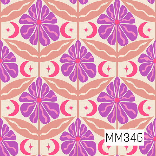 A repeating retro-style floral pattern with large purple flowers, pink crescent moons and stars, and peach leaf shapes on a warm cream background. 