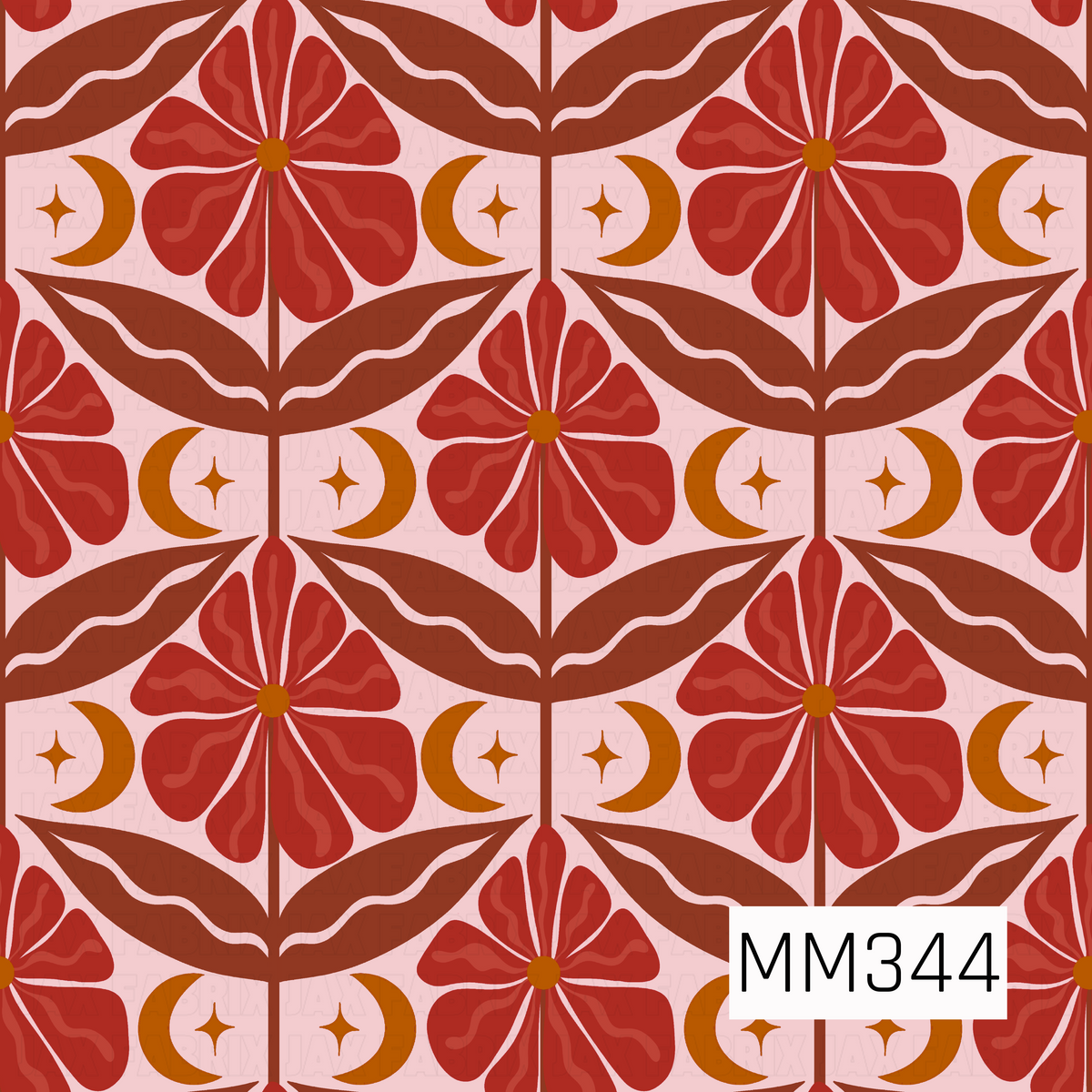 A repeating mid-century modern pattern featuring large red flowers, brown leaves, and mustard-gold crescent moons and stars on a pale pink background. 