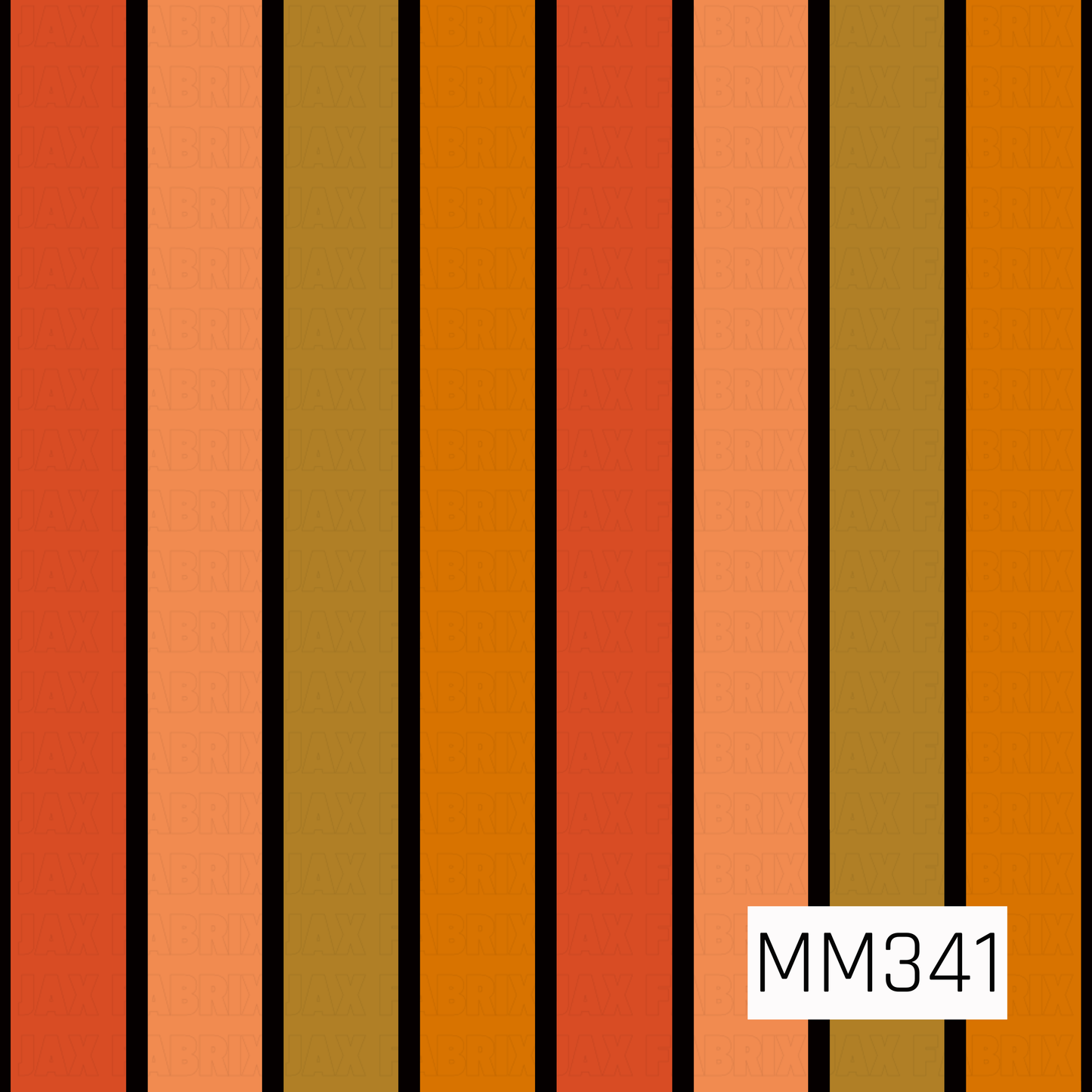 A bold retro seamless stripe pattern featuring warm shades of burnt orange, peach, mustard, and golden brown separated by crisp black lines. The rich earthy color palette gives it a classic vintage fall feel.
