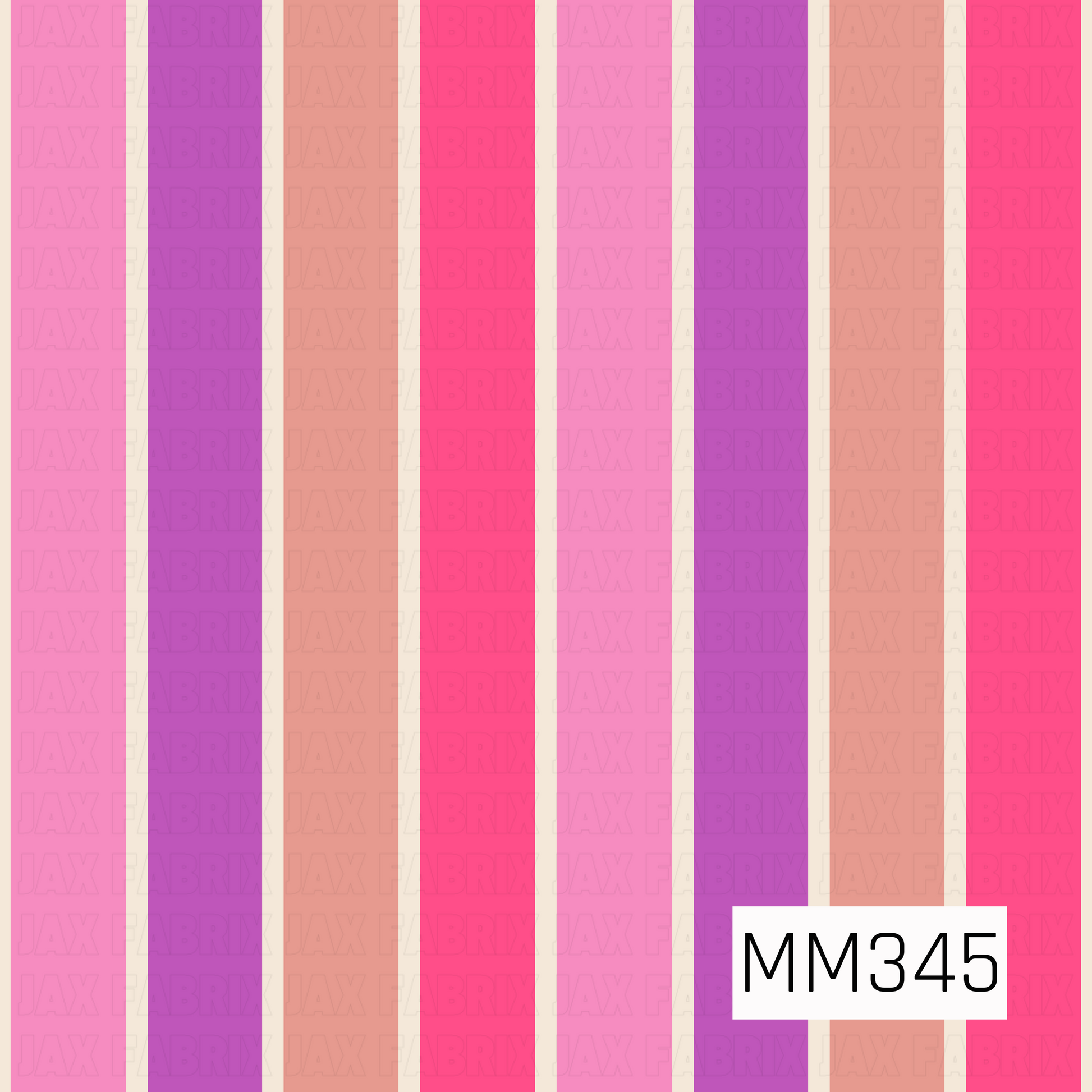 A vertical striped pattern swatch with alternating stripes of light pink, purple, peach, and bright pink, separated by thin cream stripes.