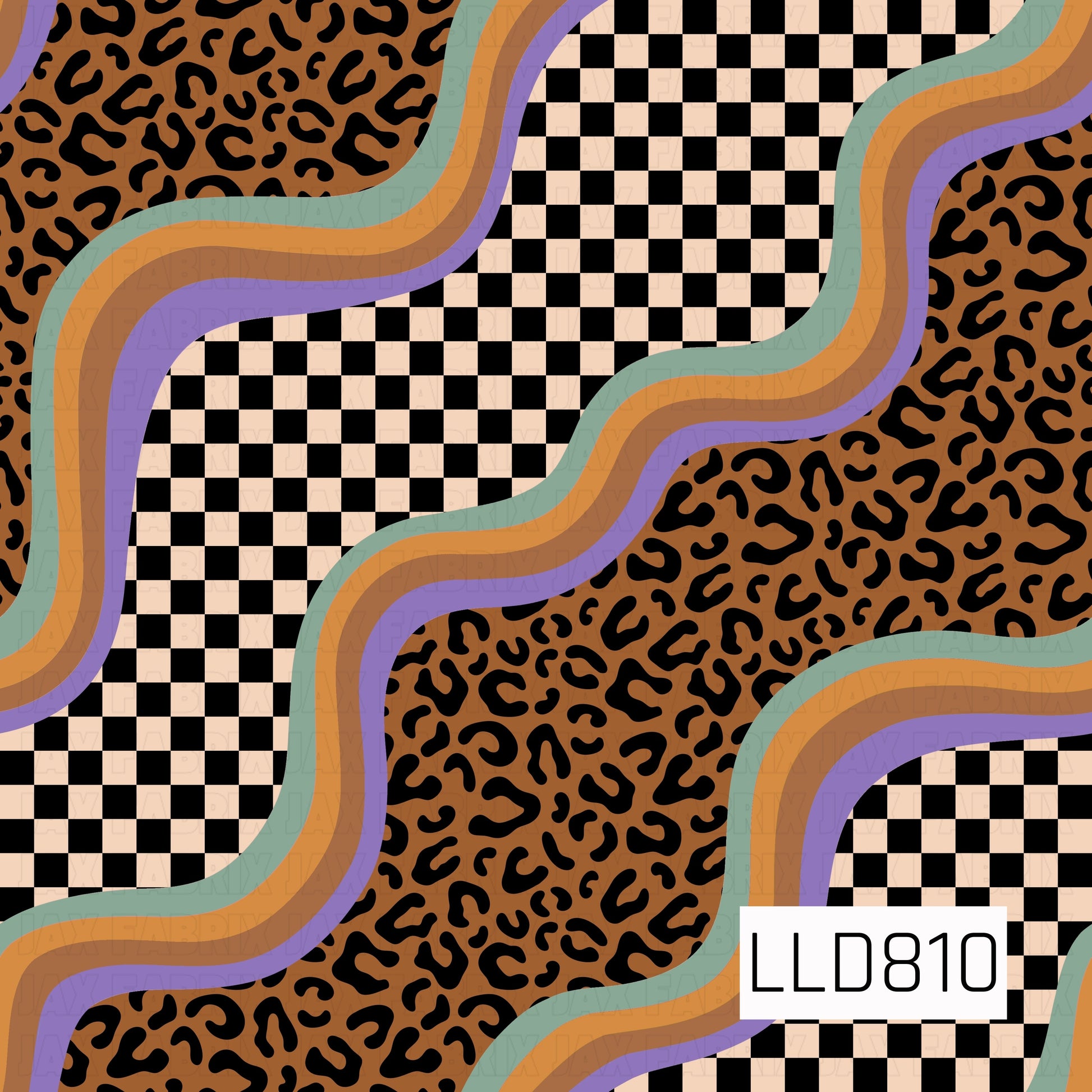 A retro-inspired pattern featuring black-and-cream checkers and warm leopard print, separated by colorful wavy stripes in teal, mustard, brown, and lavender. The earthy palette and bold design create a fun, groovy vintage look.
