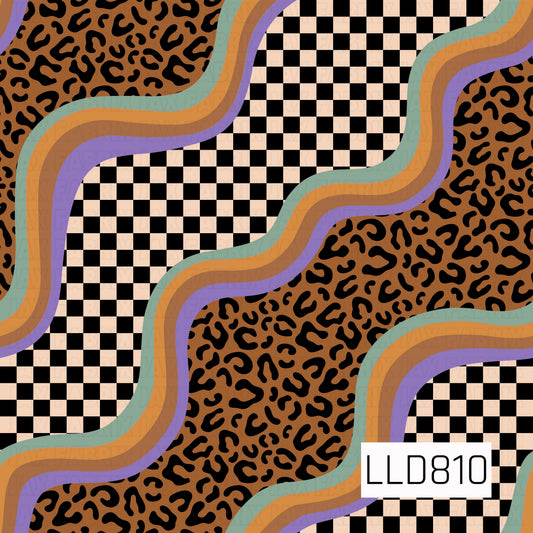 A retro-inspired pattern featuring black-and-cream checkers and warm leopard print, separated by colorful wavy stripes in teal, mustard, brown, and lavender. The earthy palette and bold design create a fun, groovy vintage look.
