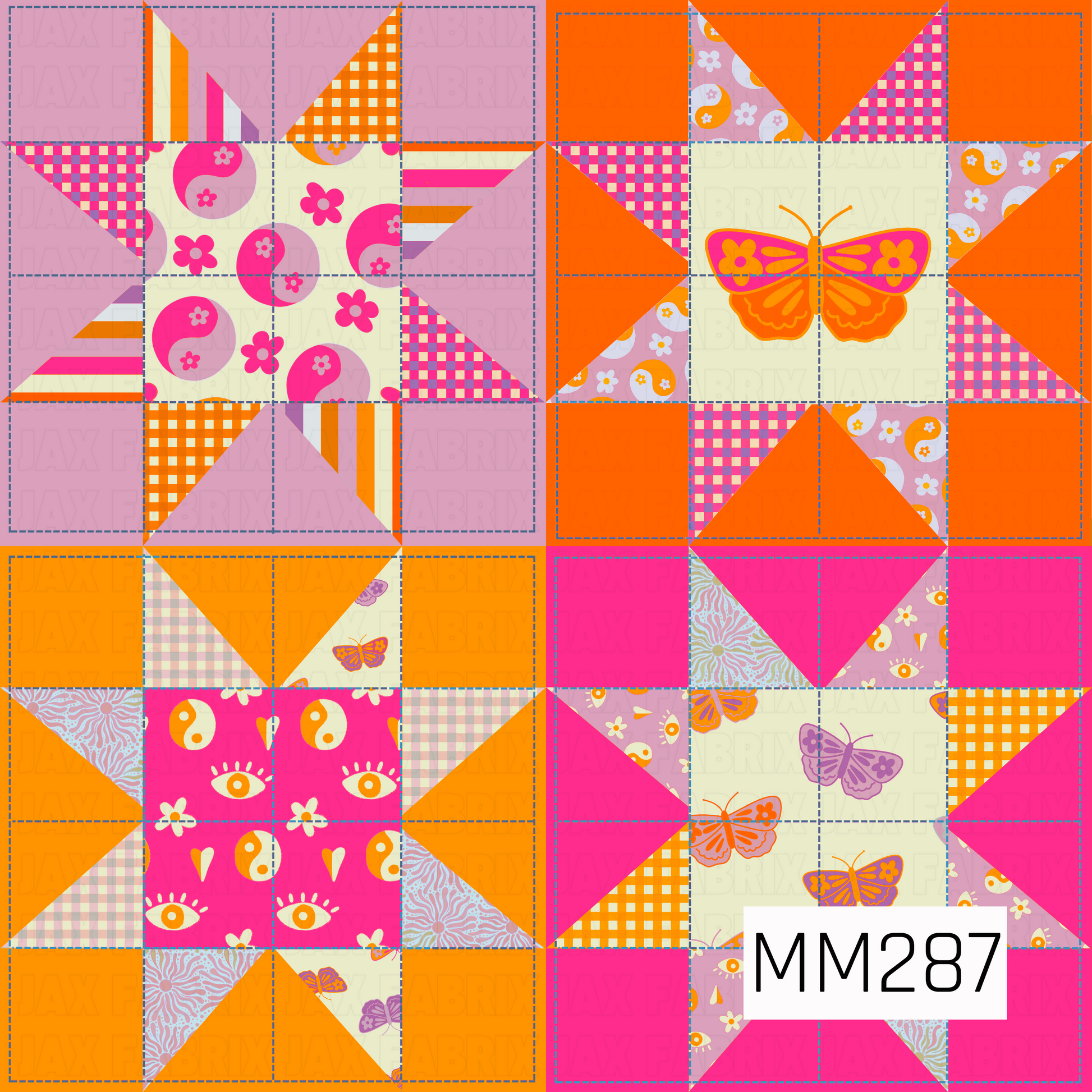 
A vibrant quilt-inspired patchwork design featuring butterfly-themed quilt blocks in bold shades of hot pink, orange, lavender, and cream. The pattern combines butterflies, gingham checks, florals, stripes, yin-yang symbols, celestial eyes, and geometric quilt pieces arranged in a colorful sampler layout. The playful mix of retro boho motifs and bright neon tones creates a fun, modern quilting aesthetic full of energy and charm.
