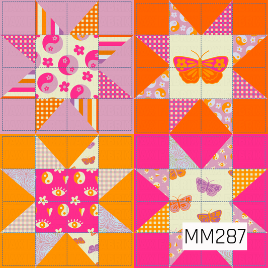 
A vibrant quilt-inspired patchwork design featuring butterfly-themed quilt blocks in bold shades of hot pink, orange, lavender, and cream. The pattern combines butterflies, gingham checks, florals, stripes, yin-yang symbols, celestial eyes, and geometric quilt pieces arranged in a colorful sampler layout. The playful mix of retro boho motifs and bright neon tones creates a fun, modern quilting aesthetic full of energy and charm.
