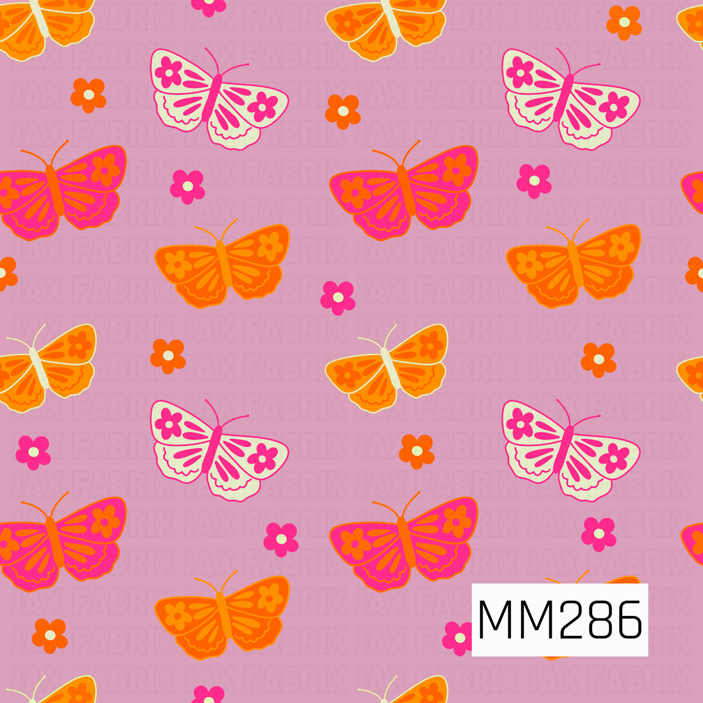 
A bright and playful butterfly print featuring whimsical butterflies decorated with floral wing details in shades of neon pink, orange, cream, and coral. Scattered between the butterflies are simple flower accents, all set against a soft lavender background. The bold retro-inspired color palette gives the design a cheerful, groovy vibe with a fun boho flair.
