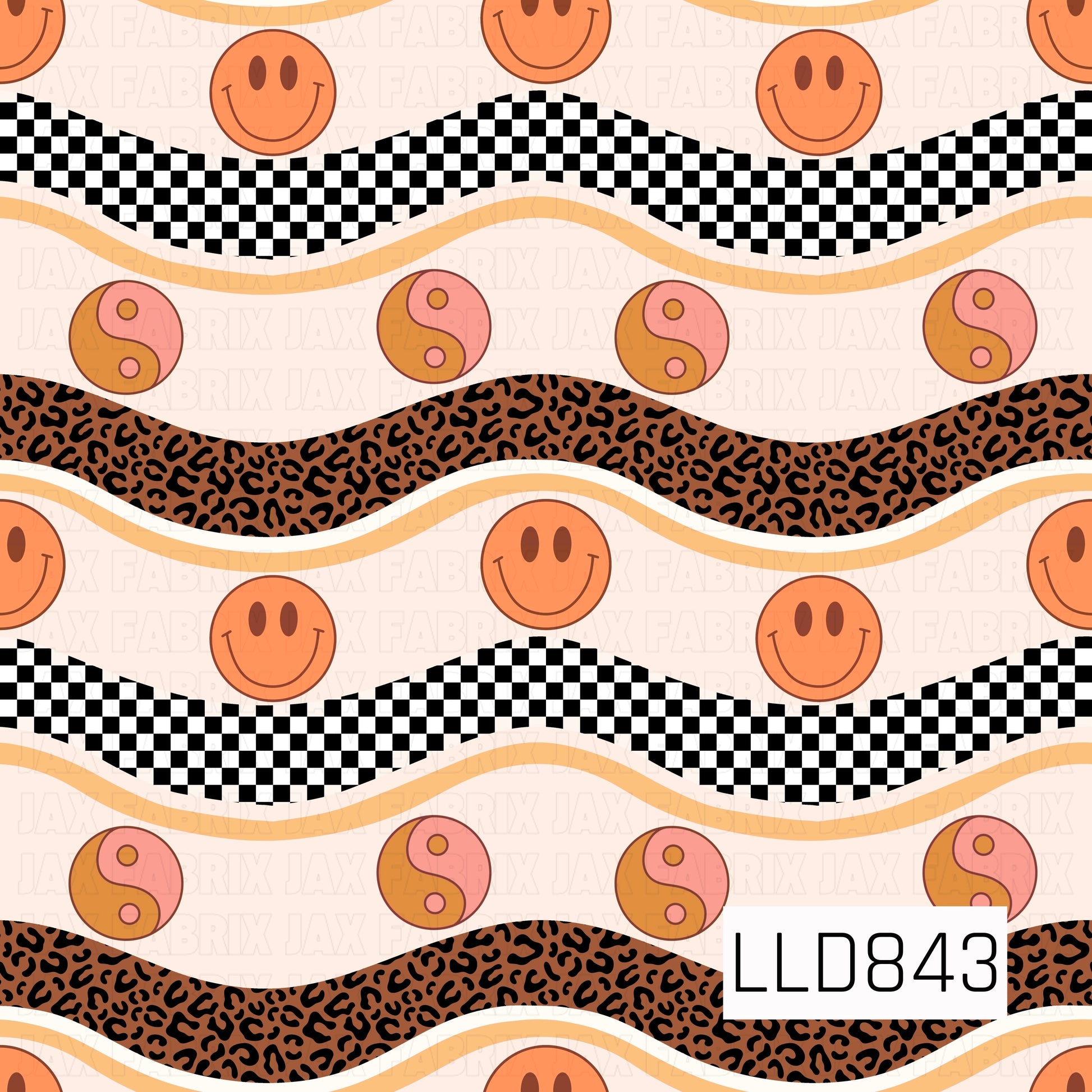 A seamless pattern featuring wavy black and white checkerboard and brown leopard print stripes, accented with orange smiley faces and peach and orange yin-yang symbols on a soft cream background.
