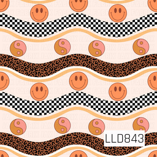 A seamless pattern featuring wavy black and white checkerboard and brown leopard print stripes, accented with orange smiley faces and peach and orange yin-yang symbols on a soft cream background.
