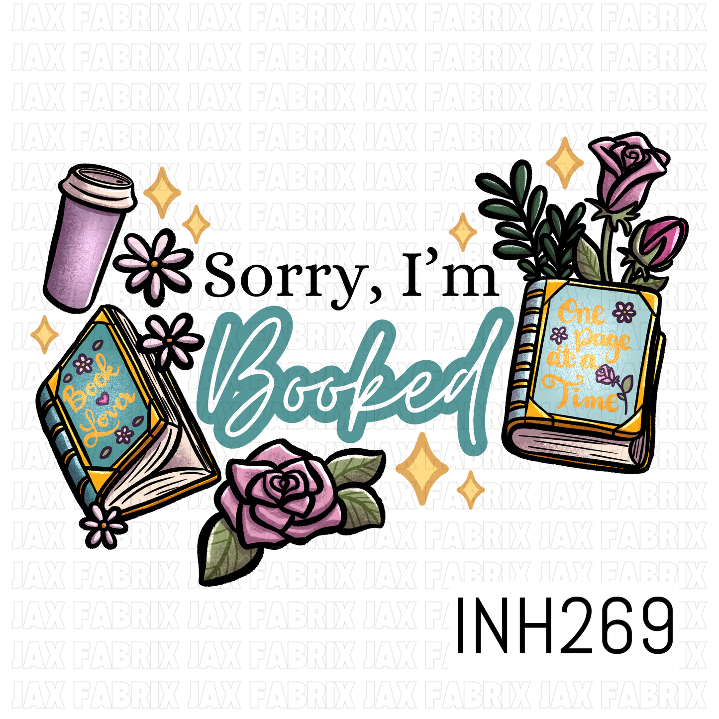 Decorative design with books, flowers, and a coffee cup on a white background.
PNG says sorry, I'm Booked