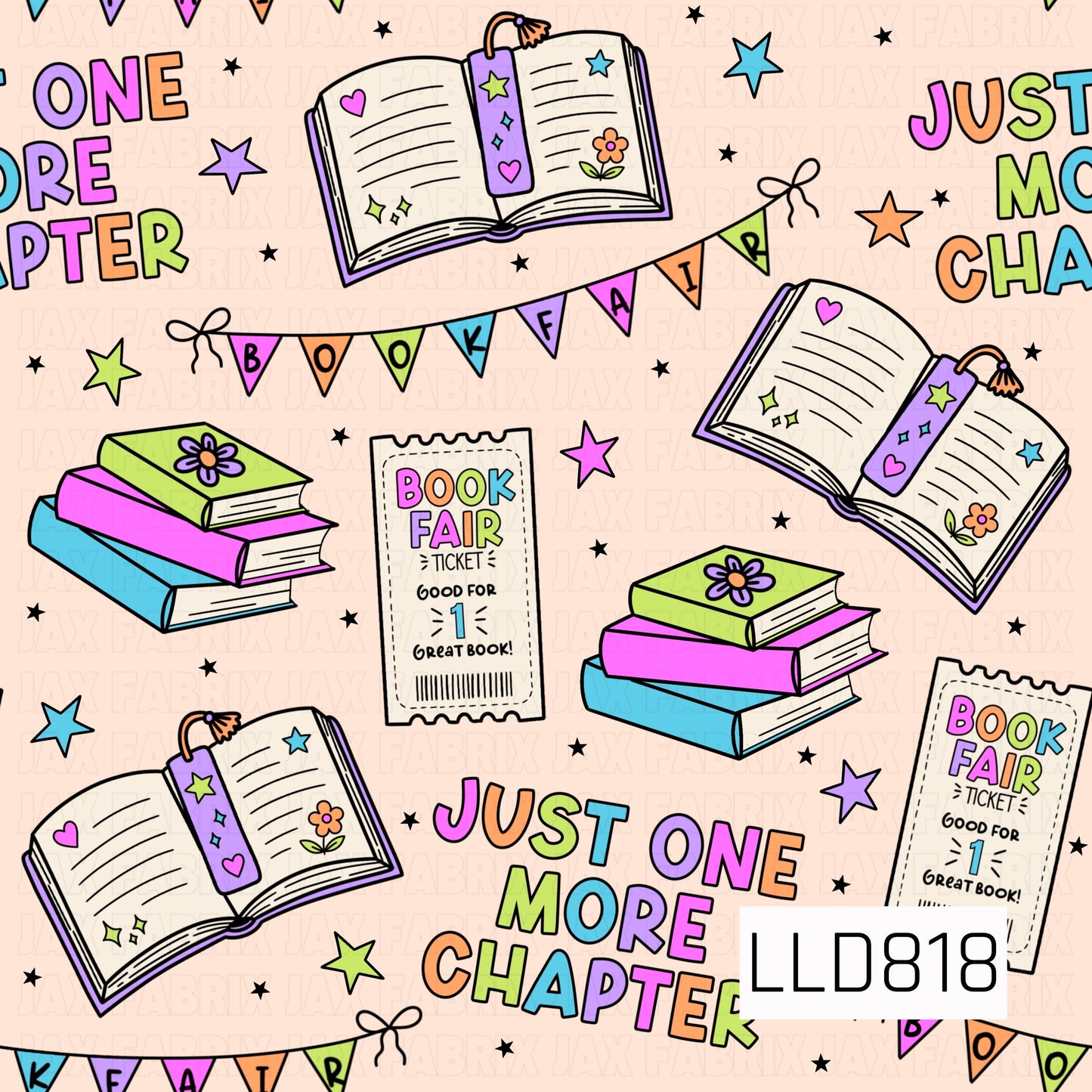 Colorful open books, stacked books, book fair tickets, bookmarks, bunting banners, and playful phrases are scattered across a soft peach background with stars and bright accents, creating a fun, reading-themed design perfect for book lovers and school projects.
