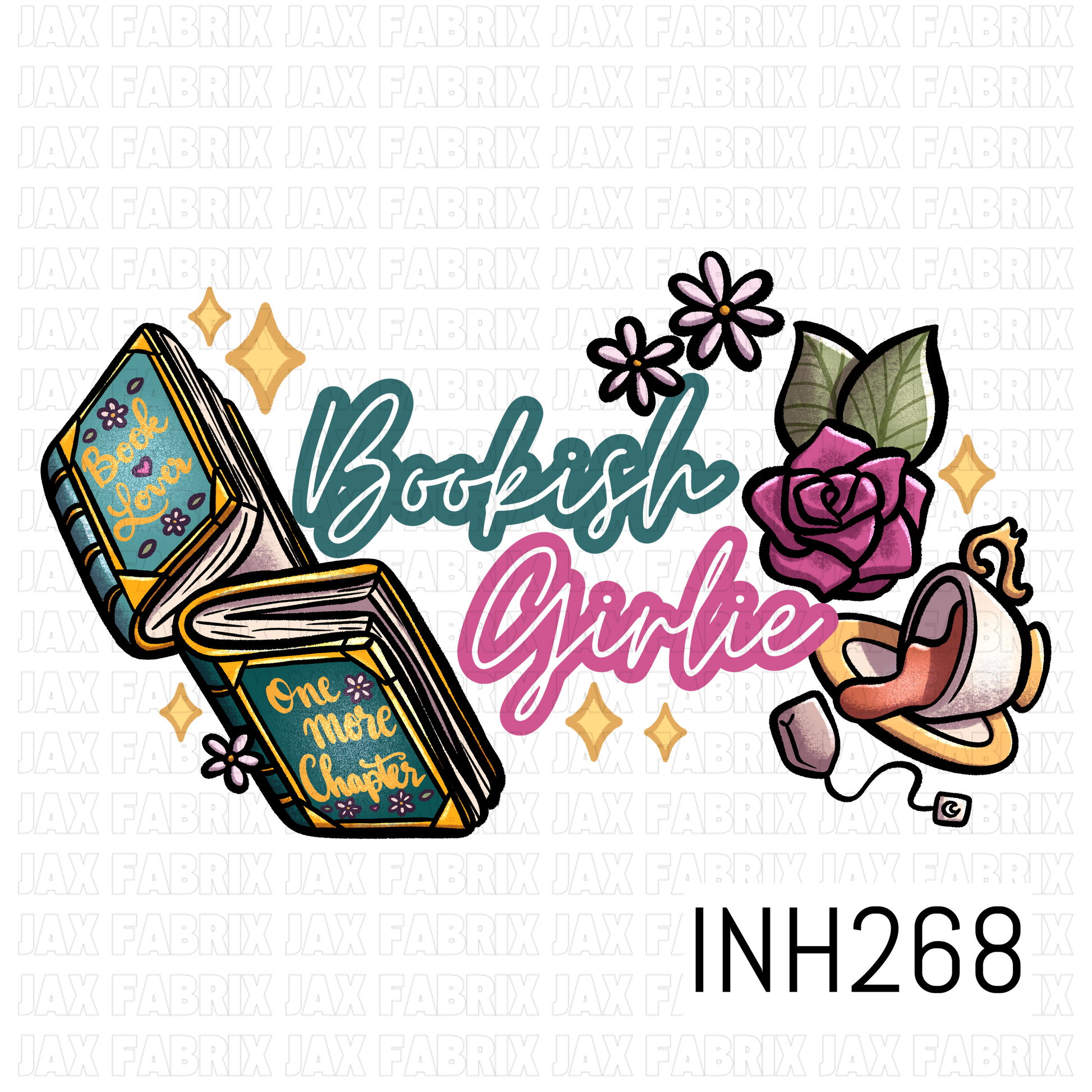 Illustration of an open book, flowers, a rose, and a tiara with 'Bookish Girlie' text on a white background. PNG
