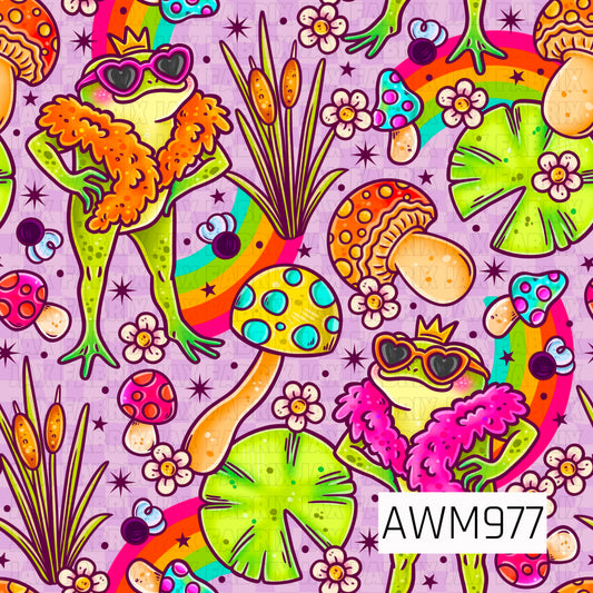 This playful seamless pattern features stylish “boujee” frogs dressed in fluffy feather boas and heart-shaped sunglasses, surrounded by colorful mushrooms, rainbow accents, lily pads, cattails, flowers, and berries on a soft purple checkered background. Bright shades of green, pink, orange, yellow, and turquoise create a fun retro aesthetic with a whimsical, quirky charm. Perfect for fabric, accessories, and handmade projects with a bold and playful personality.
