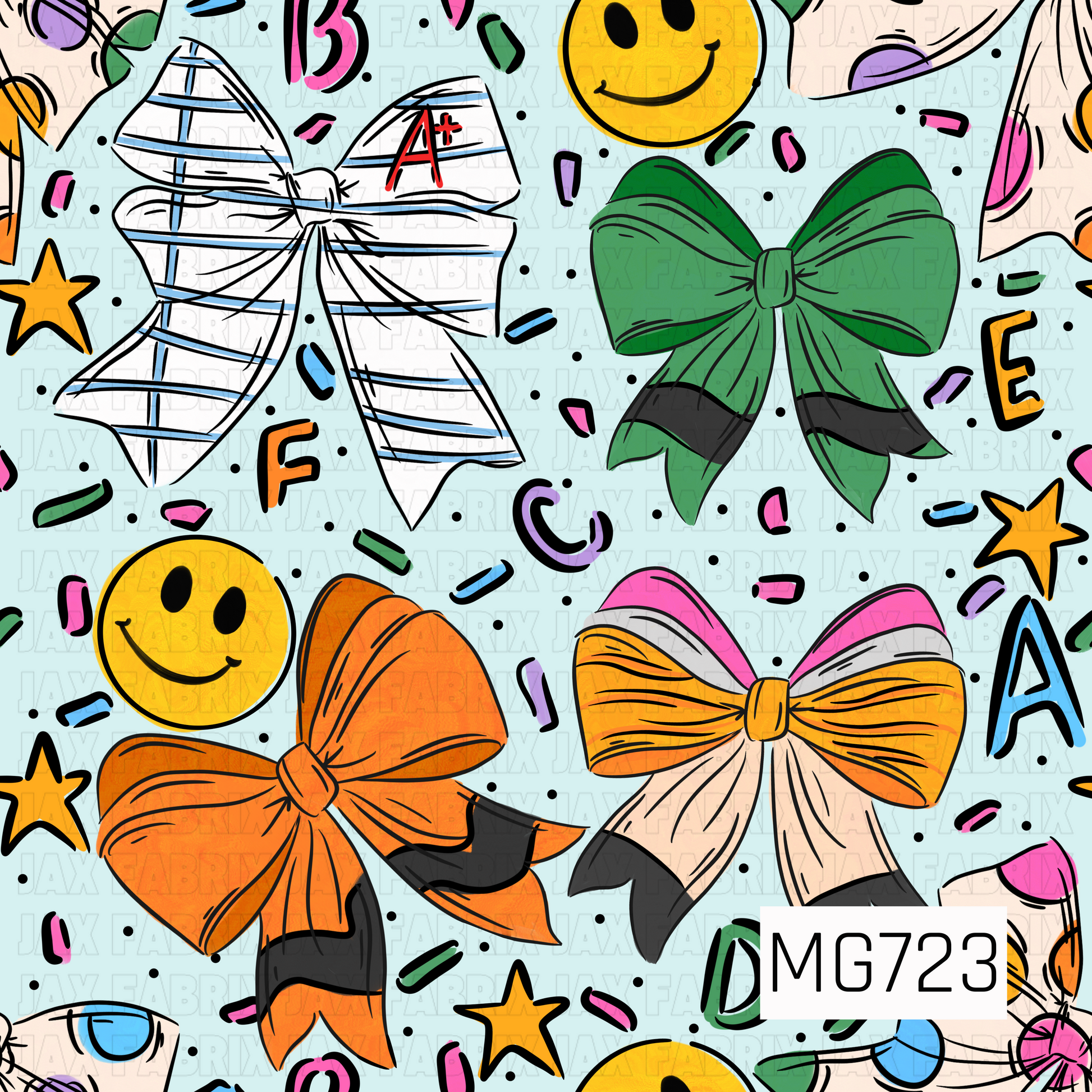 This playful school-inspired design is packed with oversized bows, cheerful smiley faces, stars, letters, and colorful doodle-style accents. The bows feature fun notebook-paper, pencil, and crayon-inspired details in bright orange, green, pink, blue, yellow, and black.

A soft light blue background keeps the design bright and fresh while allowing all the bold colors to pop. Hand-drawn black outlines and scattered confetti details give it a fun, youthful back-to-school feel.
