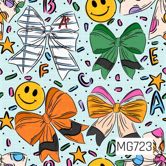 This playful school-inspired design is packed with oversized bows, cheerful smiley faces, stars, letters, and colorful doodle-style accents. The bows feature fun notebook-paper, pencil, and crayon-inspired details in bright orange, green, pink, blue, yellow, and black.

A soft light blue background keeps the design bright and fresh while allowing all the bold colors to pop. Hand-drawn black outlines and scattered confetti details give it a fun, youthful back-to-school feel.
