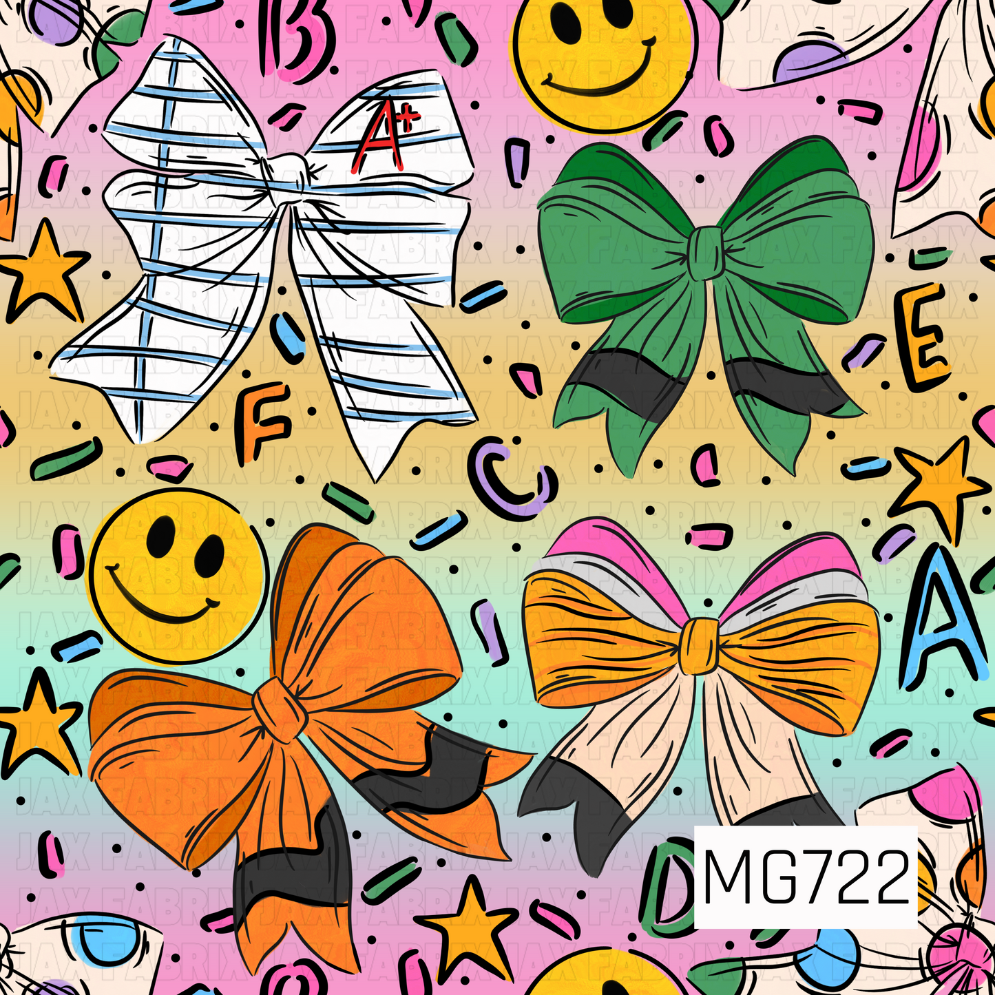 This playful school-inspired design is packed with oversized bows, cheerful smiley faces, stars, letters, and colorful doodle-style accents. The bows feature fun notebook-paper, pencil, and crayon-inspired details in bright orange, green, pink, blue, yellow, and black.

A soft rainbow pastel background shifts through pink, peach, yellow, mint, aqua, lavender, and back to pink, giving the bold illustrations an extra pop. The hand-drawn black outlines and scattered confetti details add a fun, youthful back-to