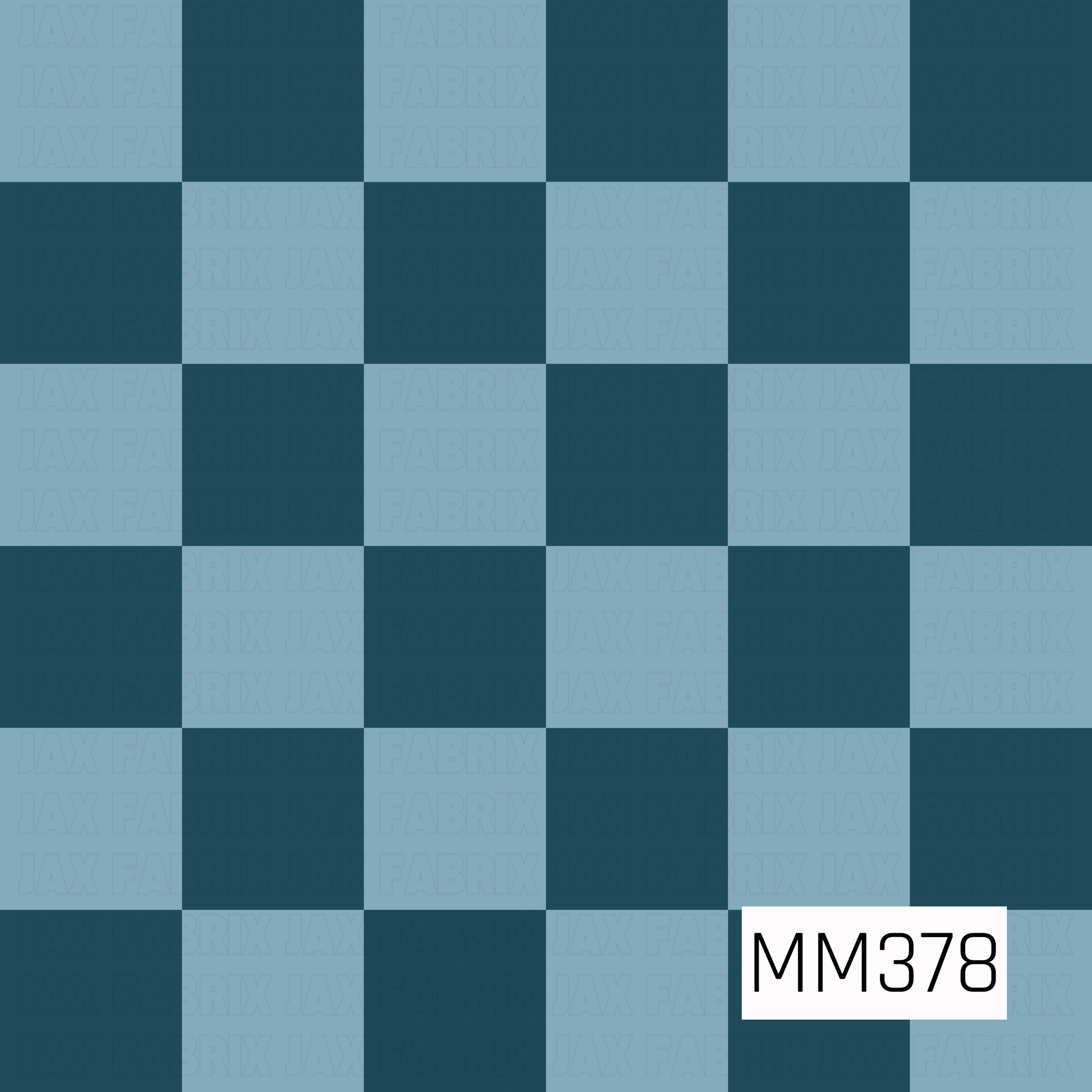 A bold buffalo check pattern featuring alternating squares of deep teal blue and soft dusty blue. The large-scale checks create a clean, classic design with a cool, modern color palette.
