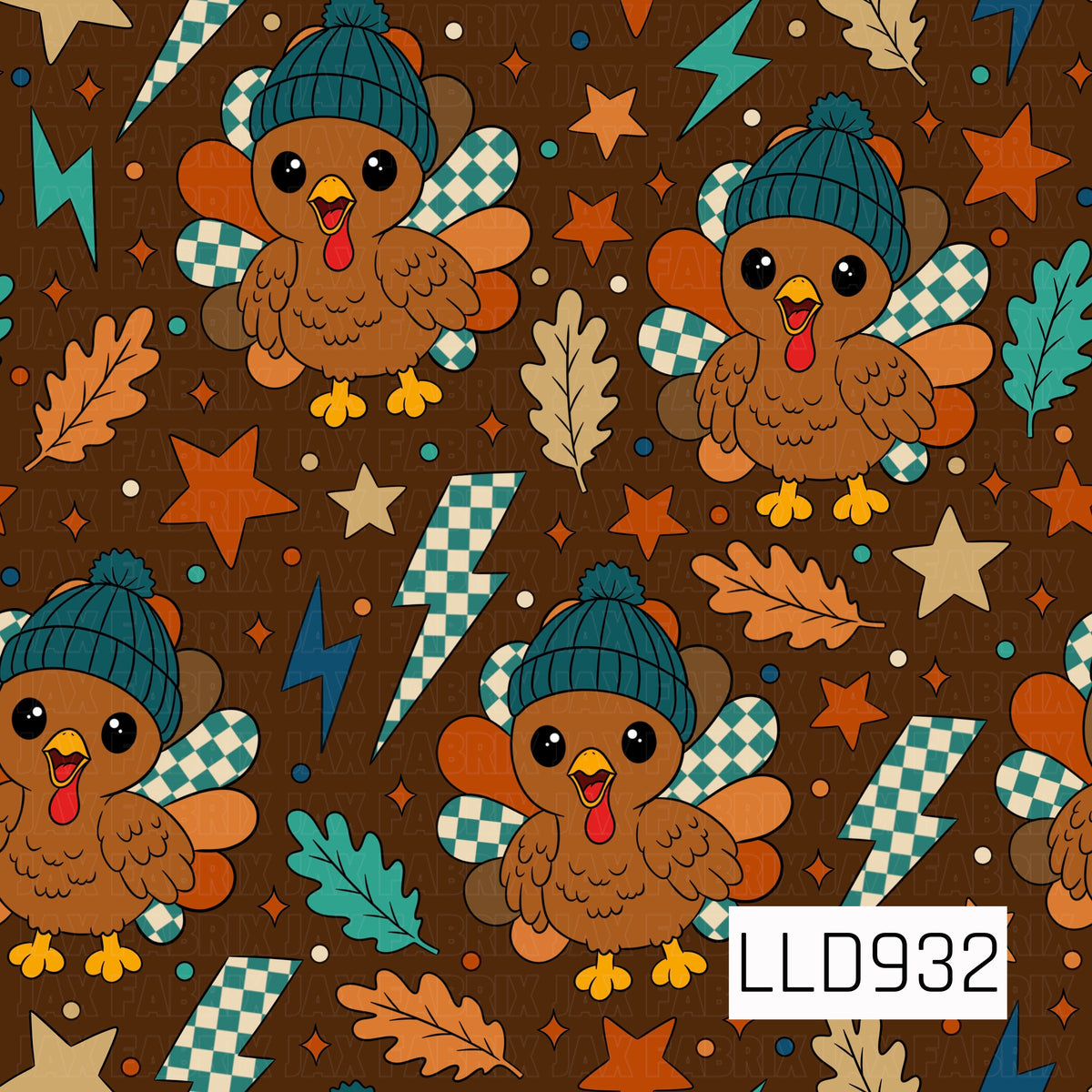 A playful Thanksgiving pattern featuring cute turkeys wearing teal knit beanies, with colorful checkerboard tail feathers in teal, cream, orange, and brown. Scattered fall leaves, stars, dots, sparkles, and bold lightning bolts fill the rich brown background for a fun retro-inspired look.
