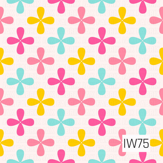 A bright, retro-inspired geometric floral pattern featuring playful four-petal flowers in vibrant hot pink, soft coral pink, sunny yellow, and turquoise blue. Each flower has rounded, teardrop-shaped petals with a tiny white center, arranged in a repeating staggered layout against a soft blush cream background. The bold colors and simple shapes create a cheerful, groovy look with a fun vintage feel.