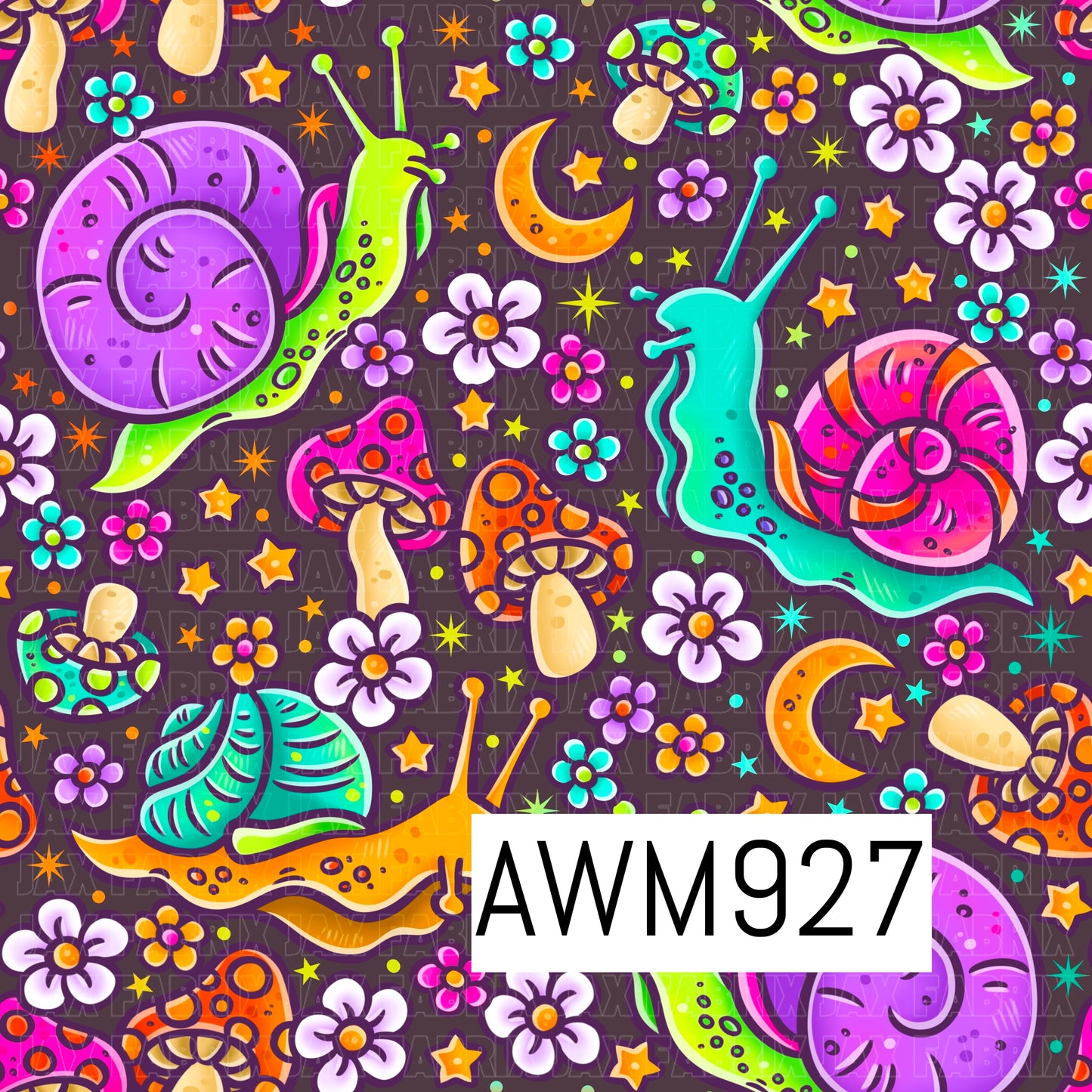 Colorful snails, mushrooms, flowers, stars, and crescent moons create a whimsical garden-inspired fabric design on a black background. Perfect for apparel, quilting, accessories, bows, and other sewing projects.
