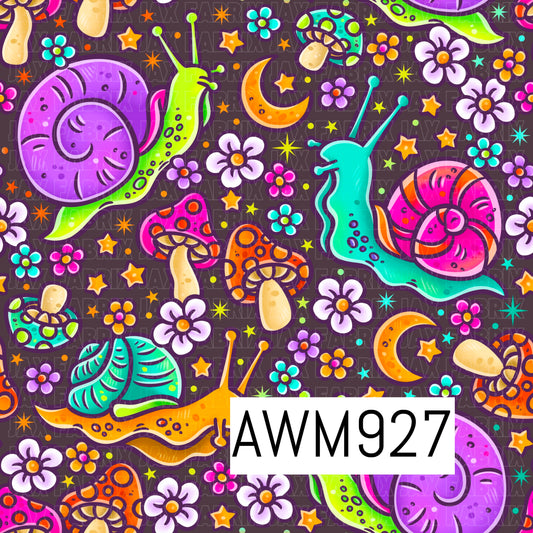 Colorful snails, mushrooms, flowers, stars, and crescent moons create a whimsical garden-inspired fabric design on a black background. Perfect for apparel, quilting, accessories, bows, and other sewing projects.
