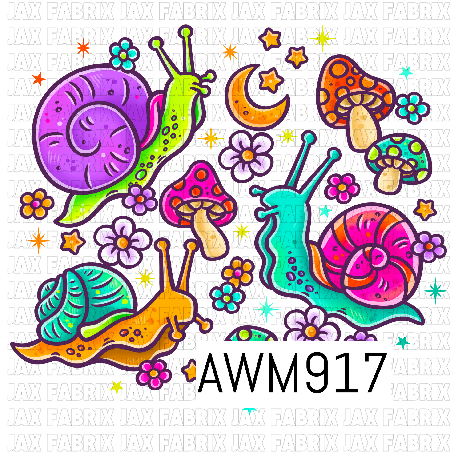 This whimsical PNG design features colorful snails, spotted mushrooms, flowers, stars, and a crescent moon in a bright fantasy-inspired style. Vibrant shades of purple, pink, teal, orange, and green create a playful, magical woodland theme, while the transparent background makes it perfect for a variety of crafting and printing projects.
