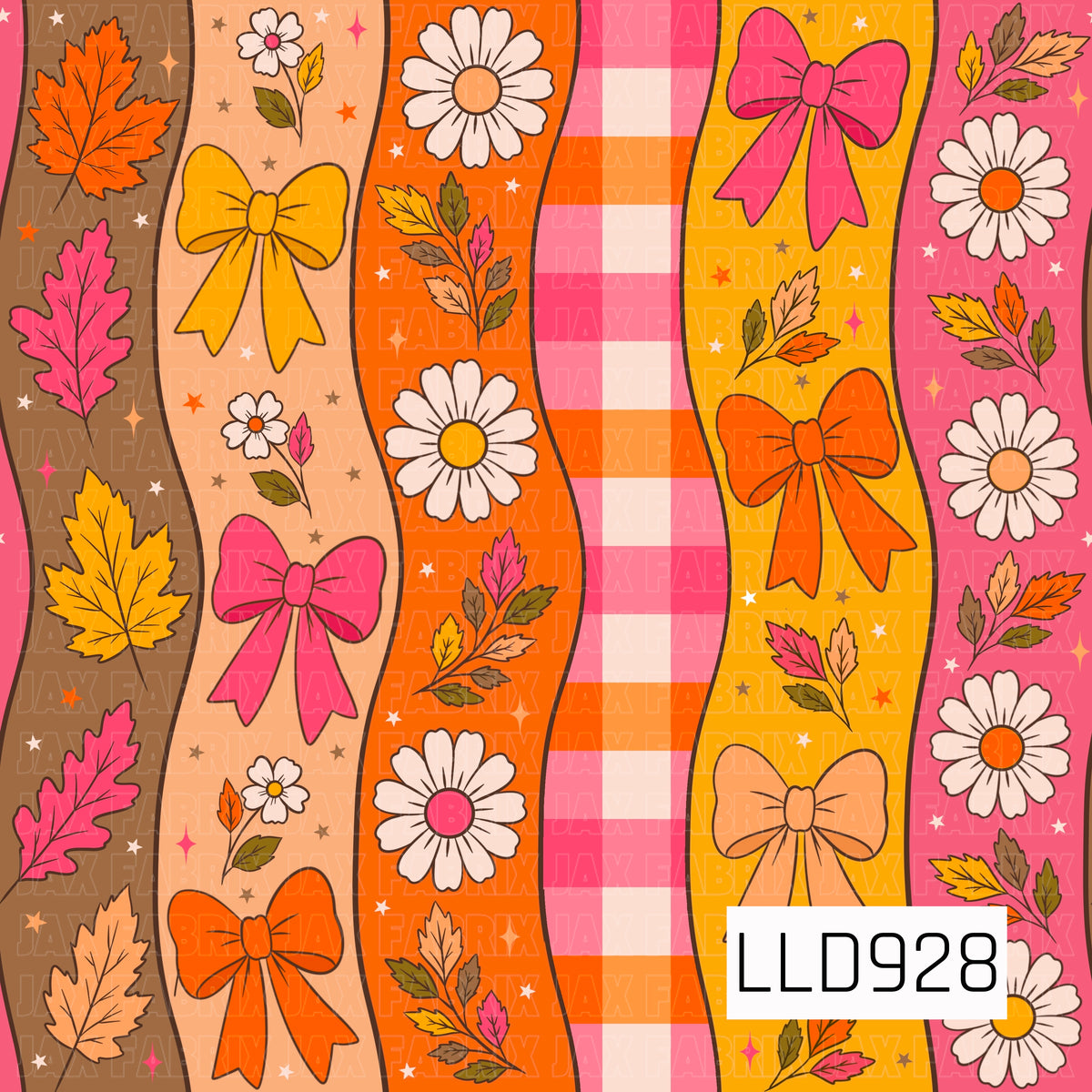 A bright retro fall pattern featuring wavy vertical stripes filled with colorful autumn motifs. Pink, orange, mustard, peach, and brown sections showcase oversized bows, daisies, scattered fall leaves, gingham, and tiny star accents for a playful, cheerful seasonal look.
