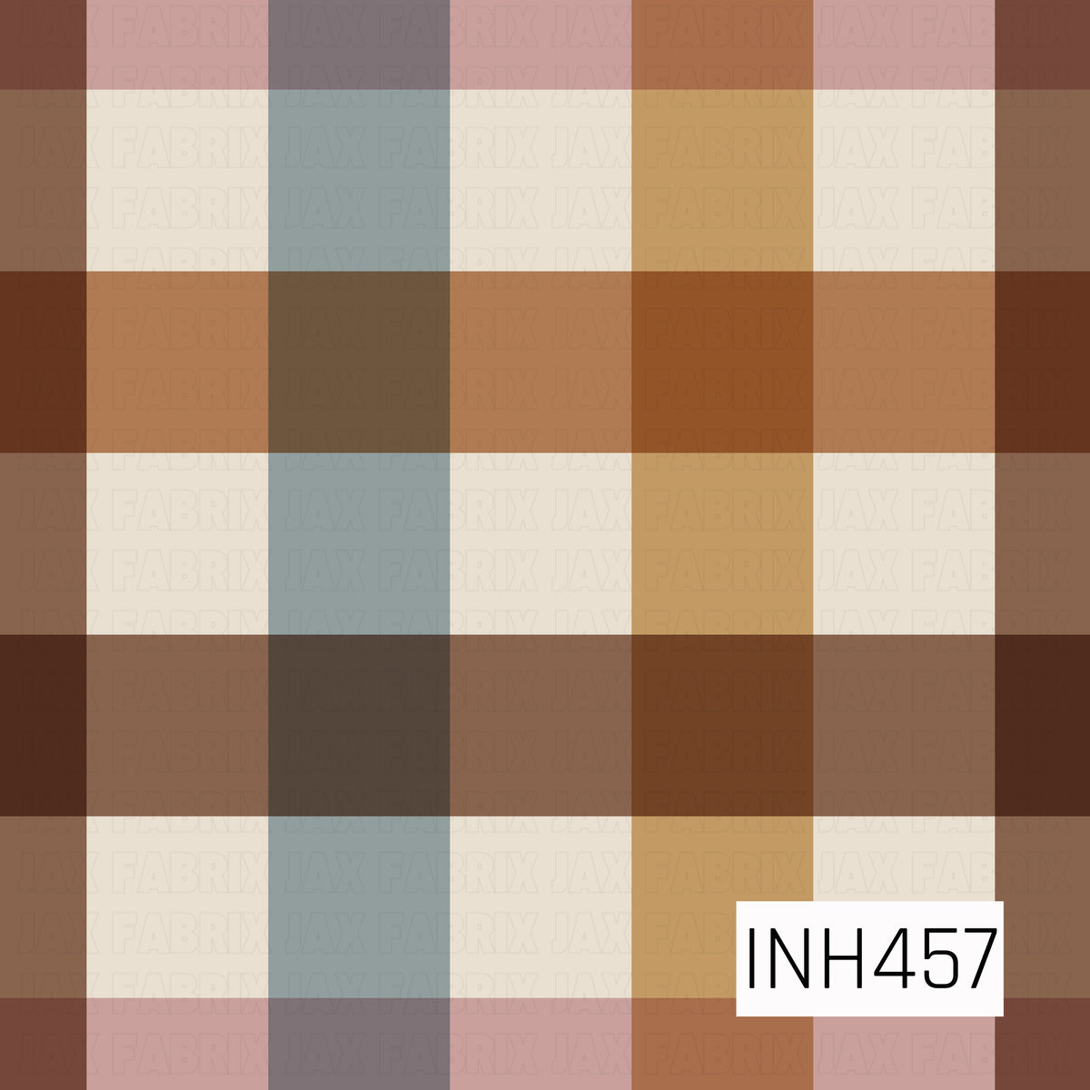 A cozy, oversized plaid pattern featuring wide intersecting stripes in warm chocolate brown, caramel, muted mustard, dusty blue, soft blush pink, and creamy beige. The overlapping horizontal and vertical bands create a classic checkered design with earthy, vintage-inspired tones and a soft, rustic feel.