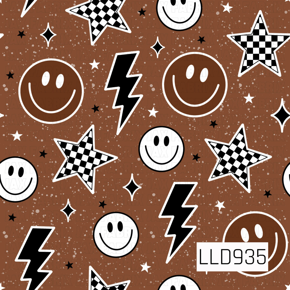 A fun, funky retro print filled with oversized smiley faces, bold lightning bolts, checkerboard stars, and scattered mini stars and sparkles. The warm chocolate brown background has a lightly distressed, speckled finish that adds a vintage worn-in look. High-contrast black and white details give the pattern a playful, slightly edgy feel with plenty of nostalgic 70s-inspired personality.