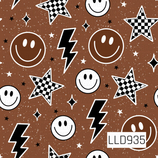 A fun, funky retro print filled with oversized smiley faces, bold lightning bolts, checkerboard stars, and scattered mini stars and sparkles. The warm chocolate brown background has a lightly distressed, speckled finish that adds a vintage worn-in look. High-contrast black and white details give the pattern a playful, slightly edgy feel with plenty of nostalgic 70s-inspired personality.
