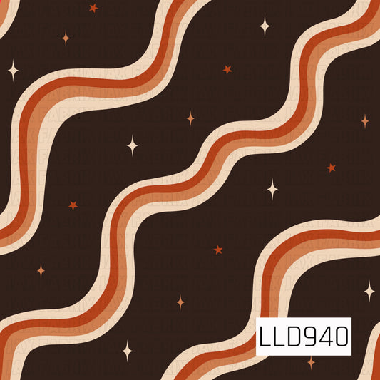 A bold retro pattern featuring wide, flowing waves that curve across a rich chocolate brown background. Layered stripes of warm cream, terracotta, burnt orange, and caramel create a groovy 70s-inspired look, while scattered four-point starbursts and tiny stars add a fun celestial accent. The warm earthy color palette gives the design a vintage, funky feel.