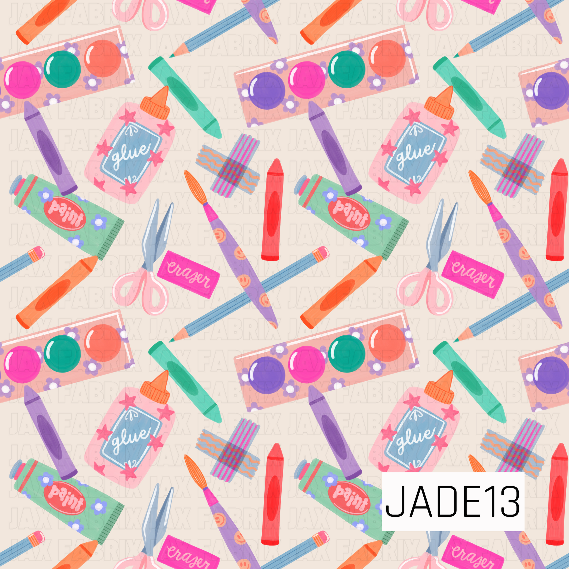 A cheerful school-themed design featuring colorful art supplies scattered across a soft cream background. Paint tubes, watercolor palettes, crayons, pencils, paintbrushes, scissors, glue bottles, tape, and erasers create a fun and creative pattern in bright shades of pink, teal, purple, orange, and blue. Perfect for back-to-school projects, teacher gifts, classroom-inspired creations, and creative craft-themed accessories.
